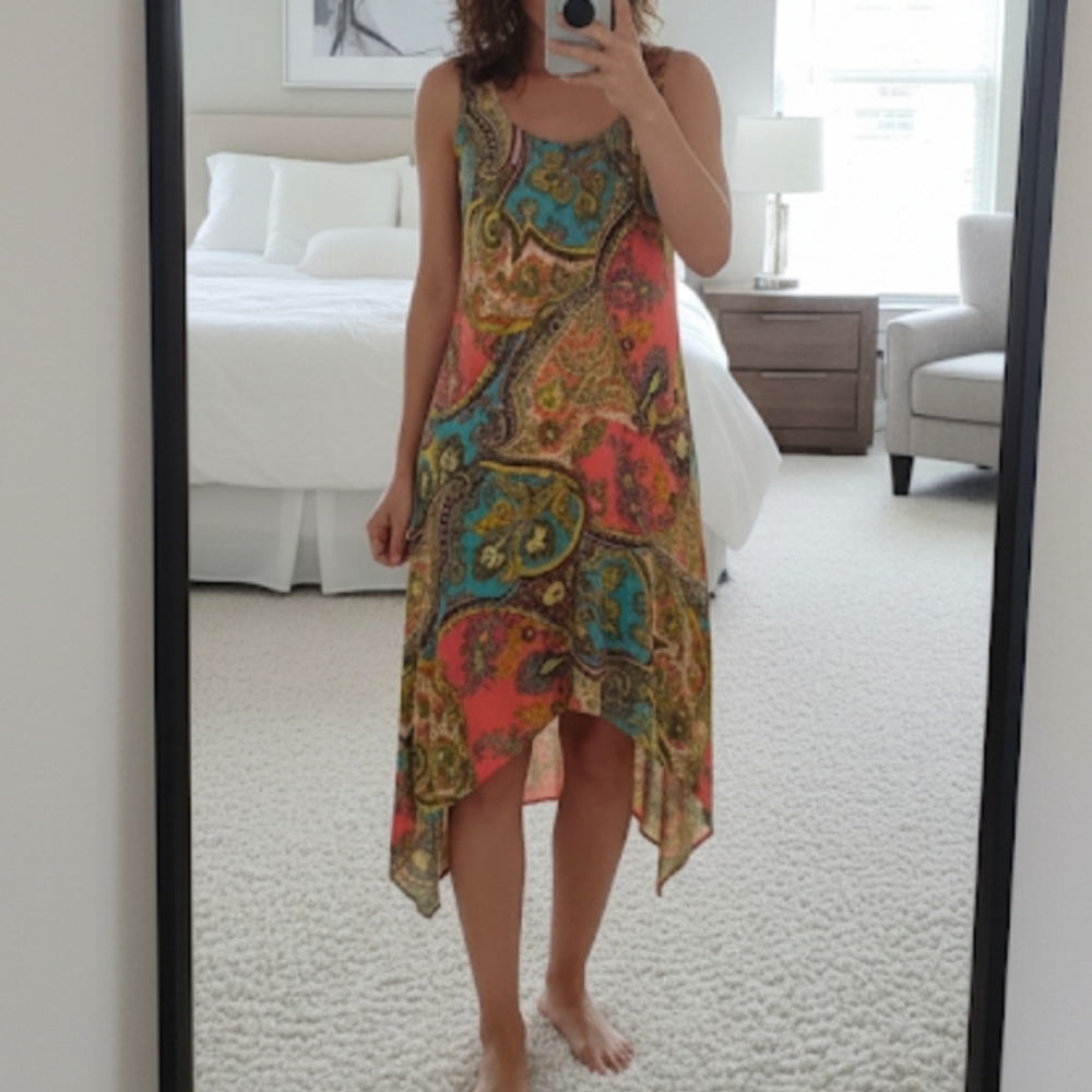 Robbie Bee Paisley Sleeveless High-Low Maxi Dress in Coral & Teal